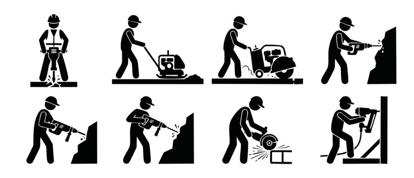 Construction worker icons set, builders using industrial power tools for building and road repair work, pictogram collection of professional manual labor activities on a construction site, black and w