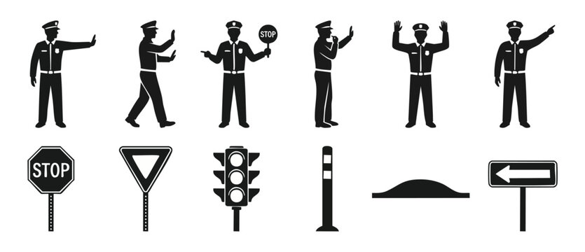 Police Officer Traffic Control Icons Set - Stop Sign, Signals and Road Safety Symbols for Highway Management and Urban Regulation Design Elements in Simple Flat Black Vector Graphic Style Collection