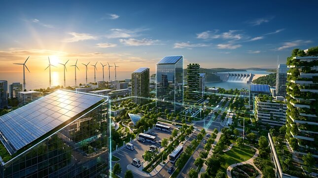 Kota pintar dengan energi terbarukan dan bangunan hijau saat matahari terbenam