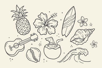 set of Hawaii Tropical Doodle Icon Set, Hand Drawn Vector Illustration of Island Elements, Summer Symbols, Beach Objects, Exotic Plants, and Vacation Design Collection for Creative Projects. © Daishin