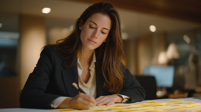 Paralegal spreads dozens of flagged contract pages across a wide conference table under fluorescent light, annotating margins with sticky notes while a senior attorney leans over her shoulder review