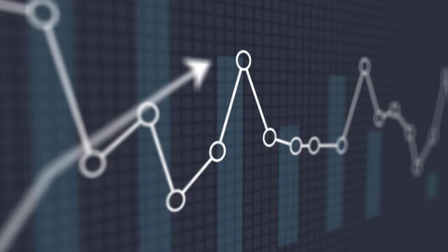 Gray arrow line stock chart with volume indicator showing market strategy, investment analysis, financial trend, business performance, economic index, and digital trading diagram concept