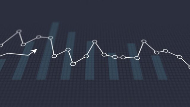 Gray arrow line stock chart with volume indicator showing market strategy, investment analysis, financial trend, business performance, economic index, and digital trading diagram concept