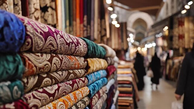Stacks of vibrantly colored and patterned textiles in a bustling market with shoppers in the background creating a rich cultural atmosphere