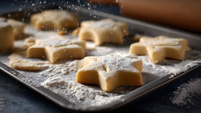 Star shaped cookie dough pieces on baking tray with flour dust in kitchen.