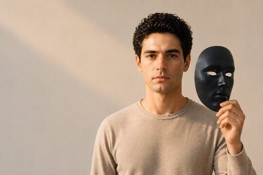 Man standing with dark mask self identity and emotional wellness concept