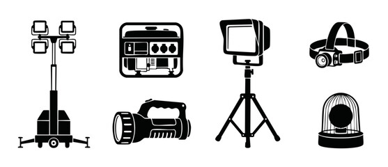 Lighting equipment and power generator icon set, portable construction light towers, handheld flashlights, headlamp and beacon light tools for emergency work, industrial site maintenance and night sec © Fernando