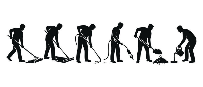 Construction worker silhouettes icon set, road maintenance and building site labor activities including asphalt paving, manual digging, torch welding, sweeping and pouring material for professional wo