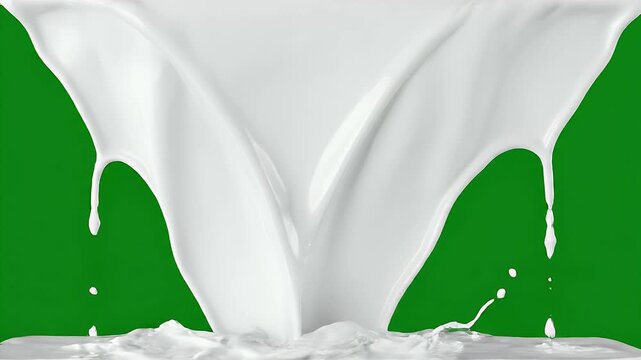 A vibrant green background is adorned with dripping white liquid, resembling milk or cream, creating a visually striking and dynamic composition.