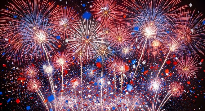 Vibrant fireworks display on 4th of July with red white and blue confetti and stars filling the night sky