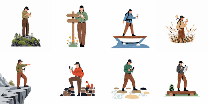 Flat vector set of a female hiker using a compass and map for navigation in various outdoor nature settings and landscapes.