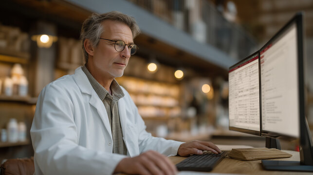 Drug interaction screening software displayed on dual monitor workstation as clinical pharmacist reviews contraindication alerts for polypharmacy patient file, electronic health record integration, 