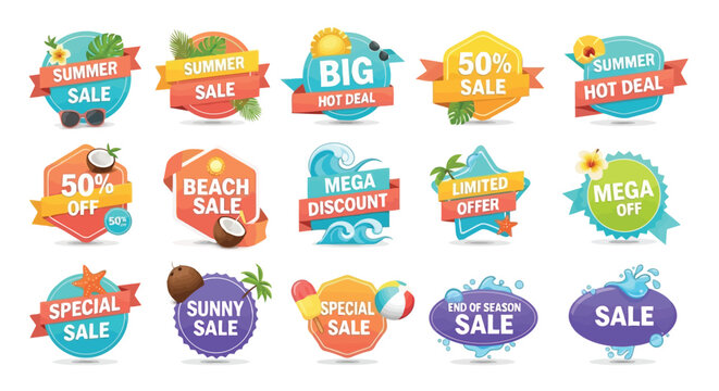 Minimalist pastel color sale badges and labels for summer seasonal promotion isolated on white background