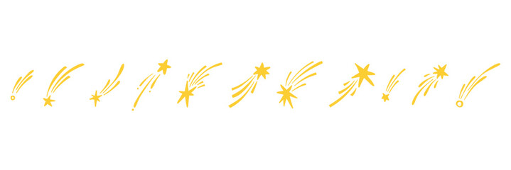 Star gold sticker icon collage set. Star icon sketch hand drawn line brush crayon texture vintage background. Cute kid magic twinkle sparkle, glow moon, space figure. Vector illustration © Daishin