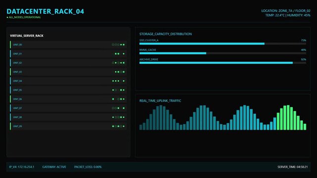 Futuristic Datacenter Rack HUD with Virtual Server Monitoring Storage Capacity Distribution and Real Time Uplink Traffic Analytics.