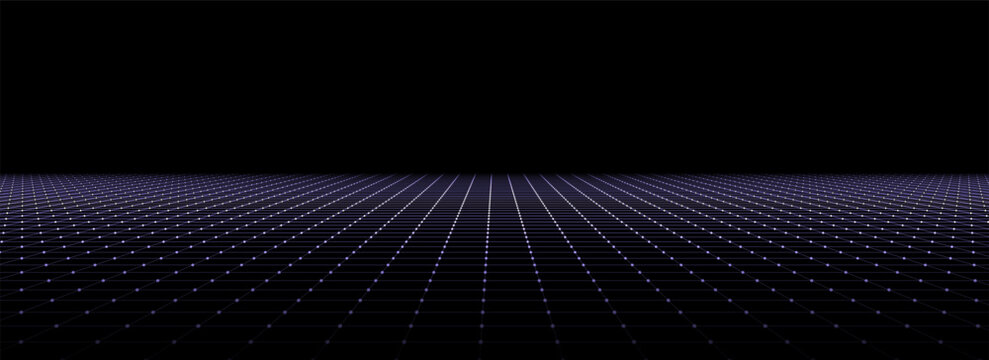 Technology perspective grid background. Digital space wireframe landscape. Vector purple mesh on a black background.