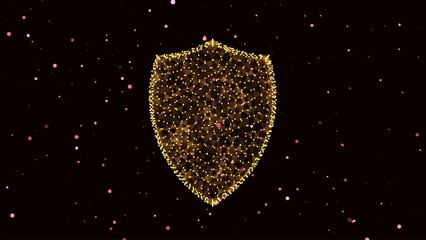 Abstract glowing shield made of particles. Cyber security concept. Digital protection network. Futuristic polygonal mesh with dots and lines on vector dark background. Data safety technology © Mykola