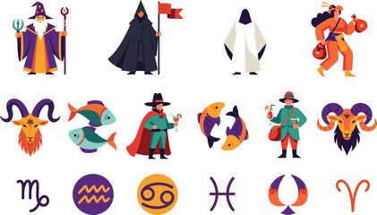 Fototapeta premium Zodiac Signs and Fantasy Characters Collection with Horoscope Symbols, Wizards, Magical Creatures, and Astrology Illustration Elements
