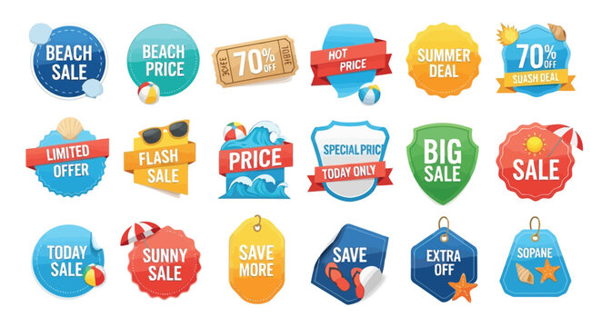 Collection of summer beach sale labels and promotional badges with sea elements isolated on white background