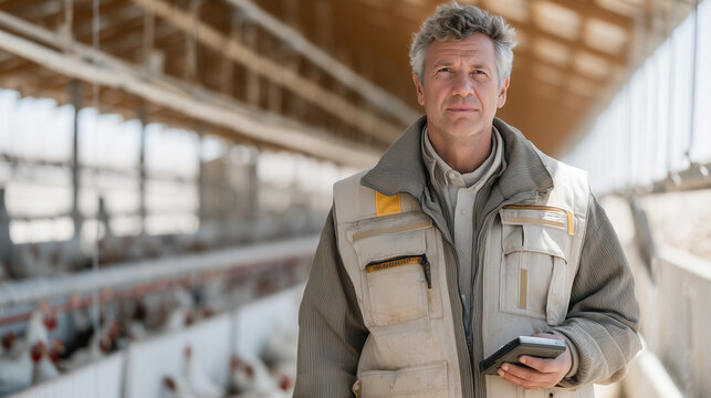 Poultry farming monitoring specialist walking between long broiler house rows, handheld sensor device scanning environmental data overhead, condensation on metal ventilation ducts, harsh midday sun 