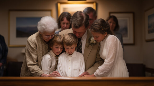 Adoption finalization afternoon at a modest family court shows grandparents, siblings, and extended family crowding into a small hearing room as the judge reads the final decree aloud and the child 