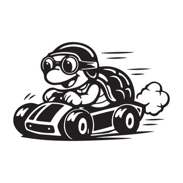 Energetic Turtle Racer Go Karting Black White Vector Illustration Cartoon Mascot