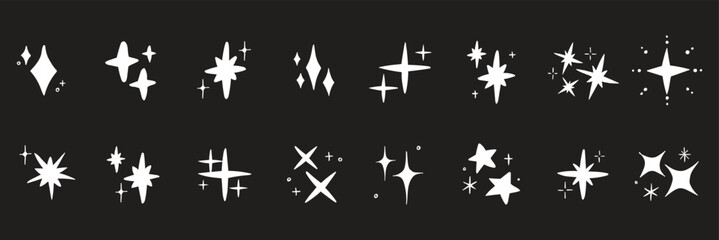 Star gold sticker icon collage set. Star icon sketch hand drawn line brush crayon texture vintage background. Cute kid magic twinkle sparkle, glow moon, space figure. Vector illustration © Daishin