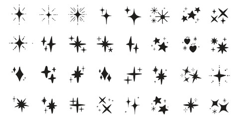 Star gold sticker icon collage set. Star icon sketch hand drawn line brush crayon texture vintage background. Cute kid magic twinkle sparkle, glow moon, space figure. Vector illustration © Daishin