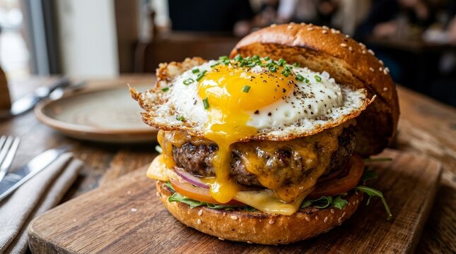 Gourmet Burger with Fried Egg and Melted Cheese on a Wooden Board.