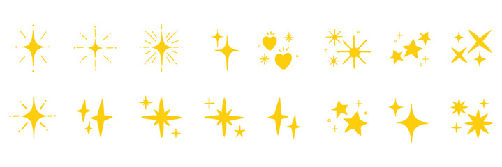Obraz premium Golden sparkling stars hand drawn set, yellow twinkle elements, starbursts with wax crayon texture. Naive childish shine design elements isolated on transparent background Vector illustration isolated