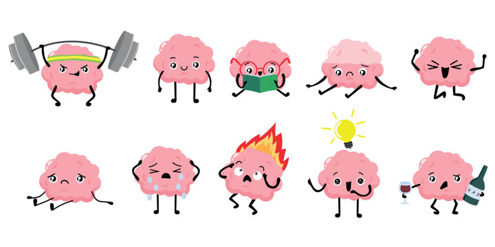Cute Cartoon Brain character set. Education and mind problems. Tired, burnout, depression, sad human brain concept. Stock vector illustration isolated on white background.