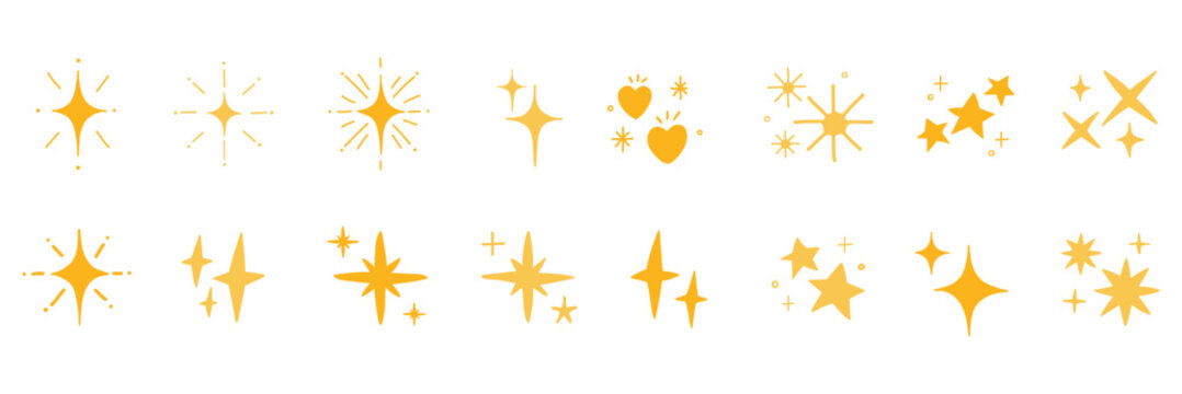 Golden sparkling stars hand drawn set, yellow twinkle elements, starbursts with wax crayon texture. Naive childish shine design elements isolated on transparent background Vector illustration isolated