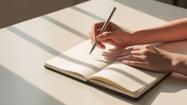 Hands writing in notebook with pen in warm sunlight, journaling and planning concept, productivity and mindfulness, minimal composition, lifestyle routine with copy space