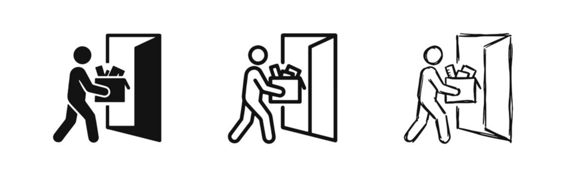 Person leaving office with box of belongings icons set in solid and sketch style. Resignation and career change concept.