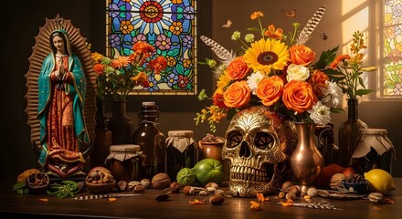 Fototapeta premium Day of the dead altar with virgin mary statue and flowers