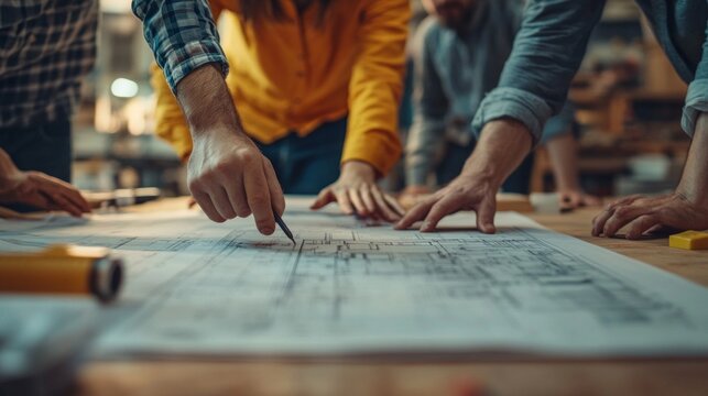 The team of architects working on the drawings provides a professional backdrop for design, construction and collaborative work, symbolising planning and creation.