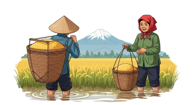 Two Asian farmers harvesting rice in a paddy field.