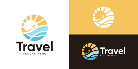 Naklejka premium Creative simple travel logo template. Sun sunset sunrise symbol with sea wave beach summer logo design vector illustration.