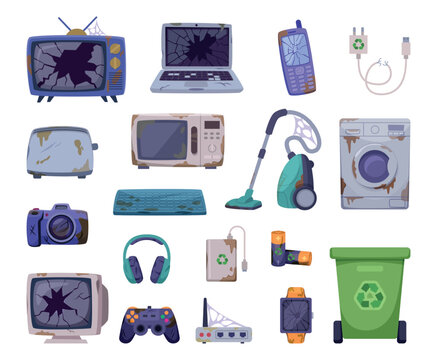 Electronic recycling. Broken electronics appliances exact vector old style computer components