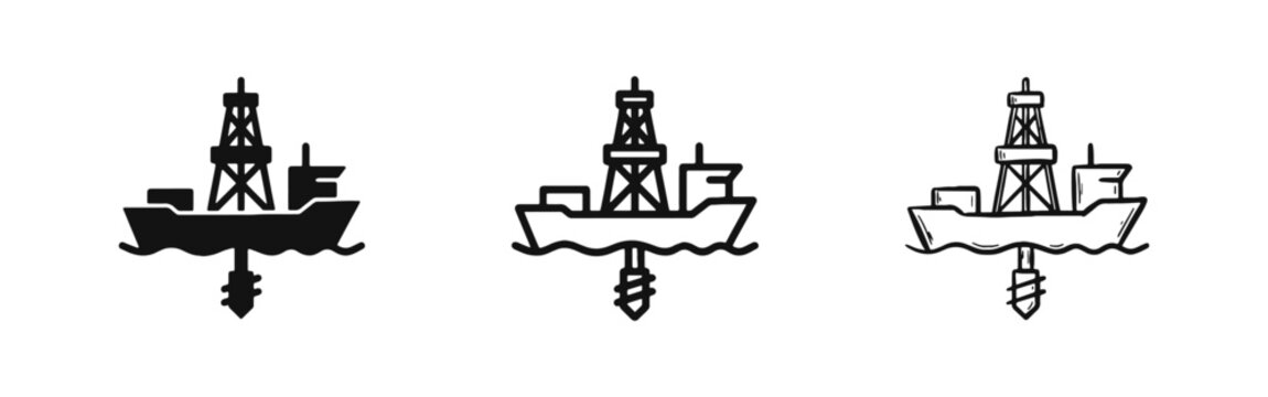 Offshore Oil Drilling Rig Ship Icon Set