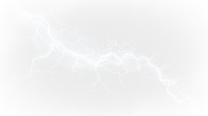 Blue and white bright lightning strikes against isolated on transparent background creating a striking visual effect during a storm, light overlay, PNG © Liubov