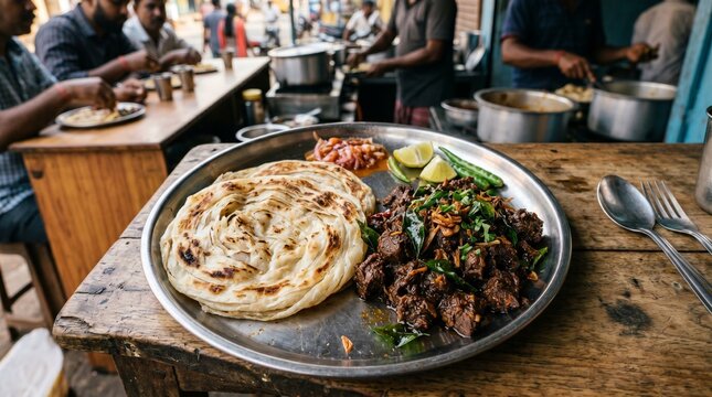 Kerala Porotta with Beef Fry Street Style Food Realistic Photography Authentic Malabar Dish 1:1