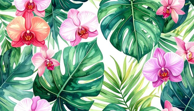 Watercolor floral pattern featuring orchids and tropical monstera leaves