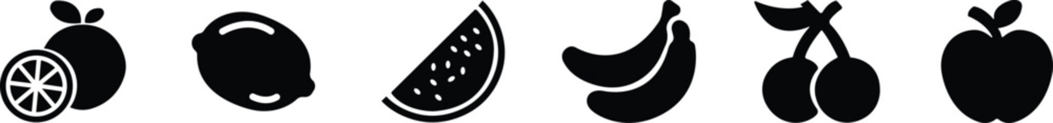 Fruit food icon set collection group in black flat style featuring apple, banana, orange, grape, lemon, berry synonym elements for healthy diet, fresh produce and nutrition design use © AbdulJabbar