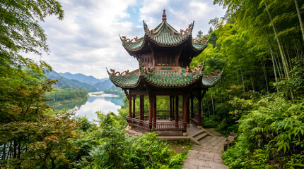 Obraz premium Traditional Chinese pavilion surrounded by lush greenery with a scenic mountain and river view