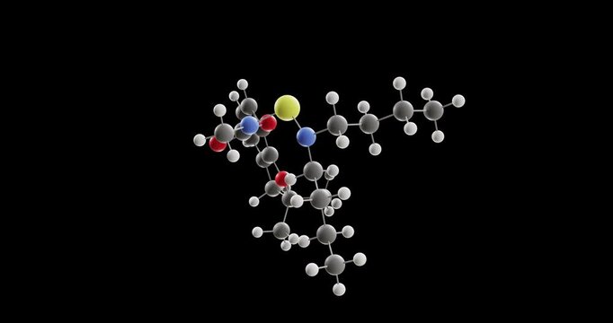 Carbosulfan molecule, rotating 3D model of carbamate insecticide, looped video on a black background
