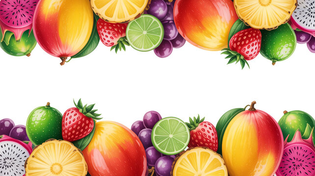 Vibrant assortment of fresh tropical fruits including mangoes strawberries grapes limes pineapple and dragon fruit arranged in decorative borders on a white background.