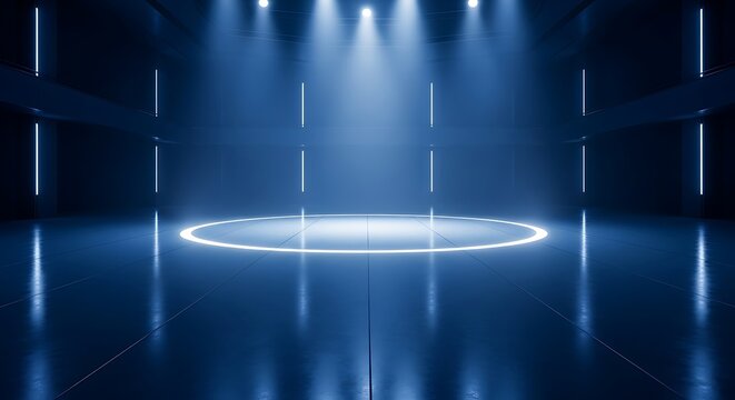 Large Empty Studio Hall with Glowing Circle and Spotlights