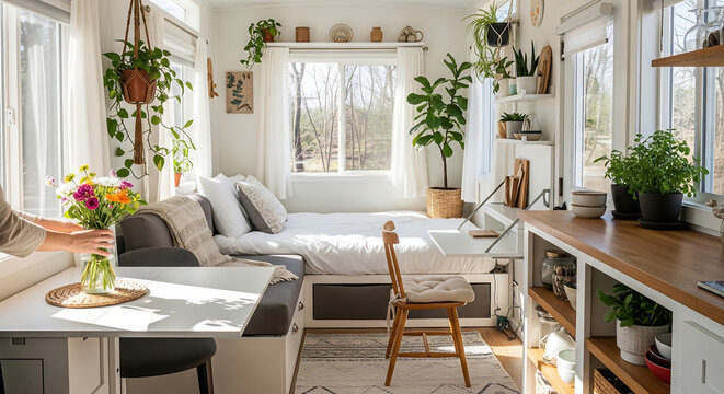 Cozy and bright tiny house interior with minimalist design, abundant houseplants, and clever space-saving furniture