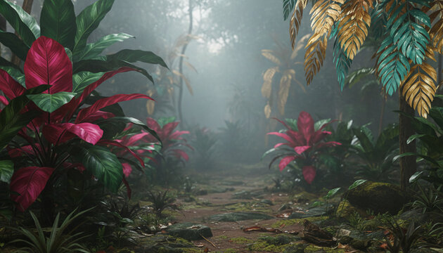 Lush jungle path with vibrant pink, green, and gold foliage, shrouded in atmospheric mist, suggesting an exotic, mystical, or hidden natural setting.
